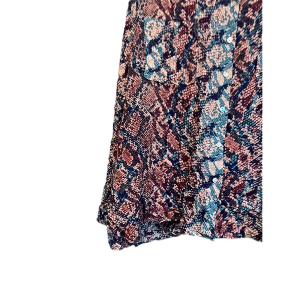Dear John Snakeskin Button Down Women Large Mauve Teal Rayon Roll Tab Blouse - Picture 2 of 8